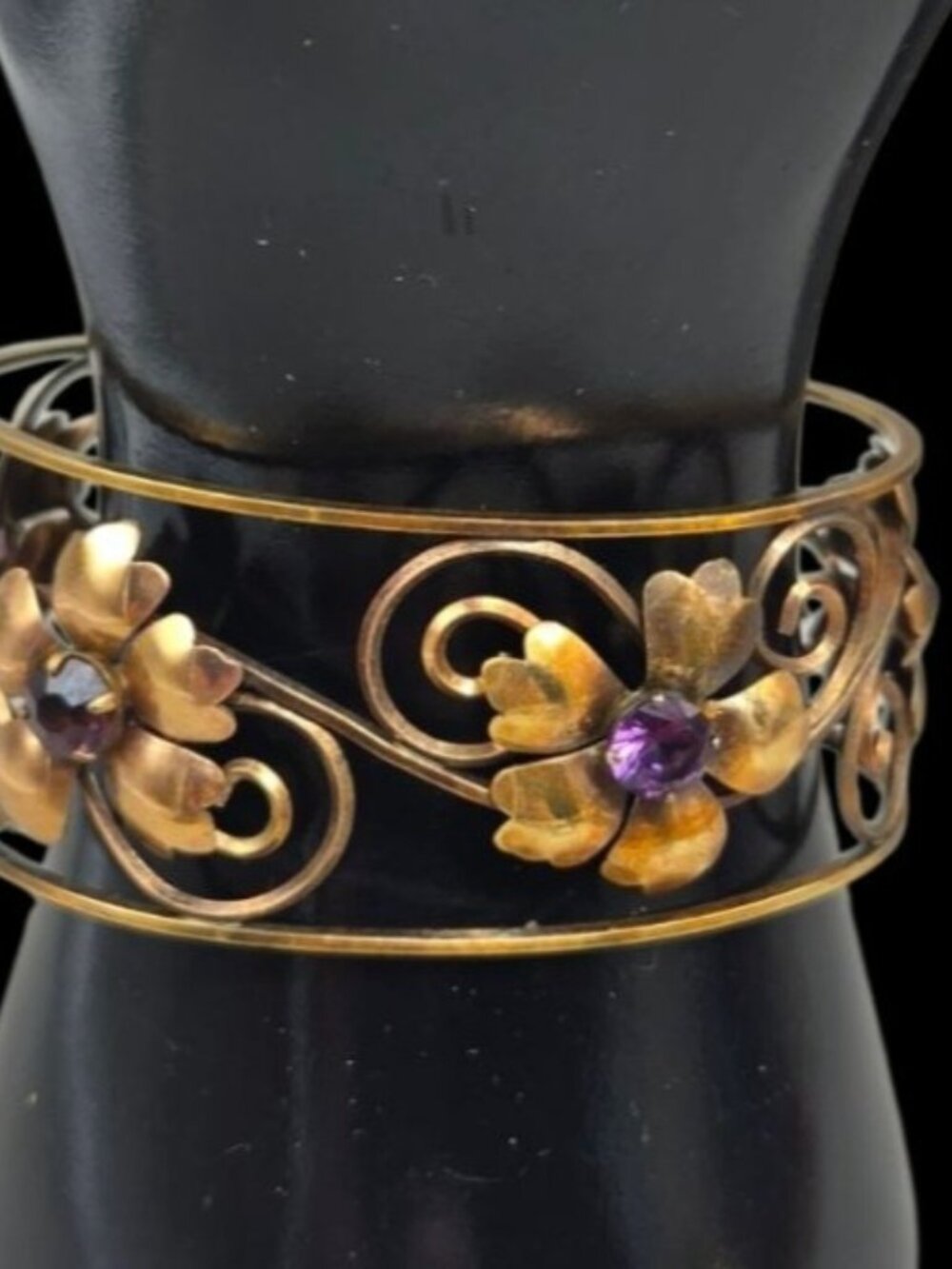 VTG Harper 1/20 12K Gold Filled Filigree Amethyst Flower Cuff Bracelet 6.5"